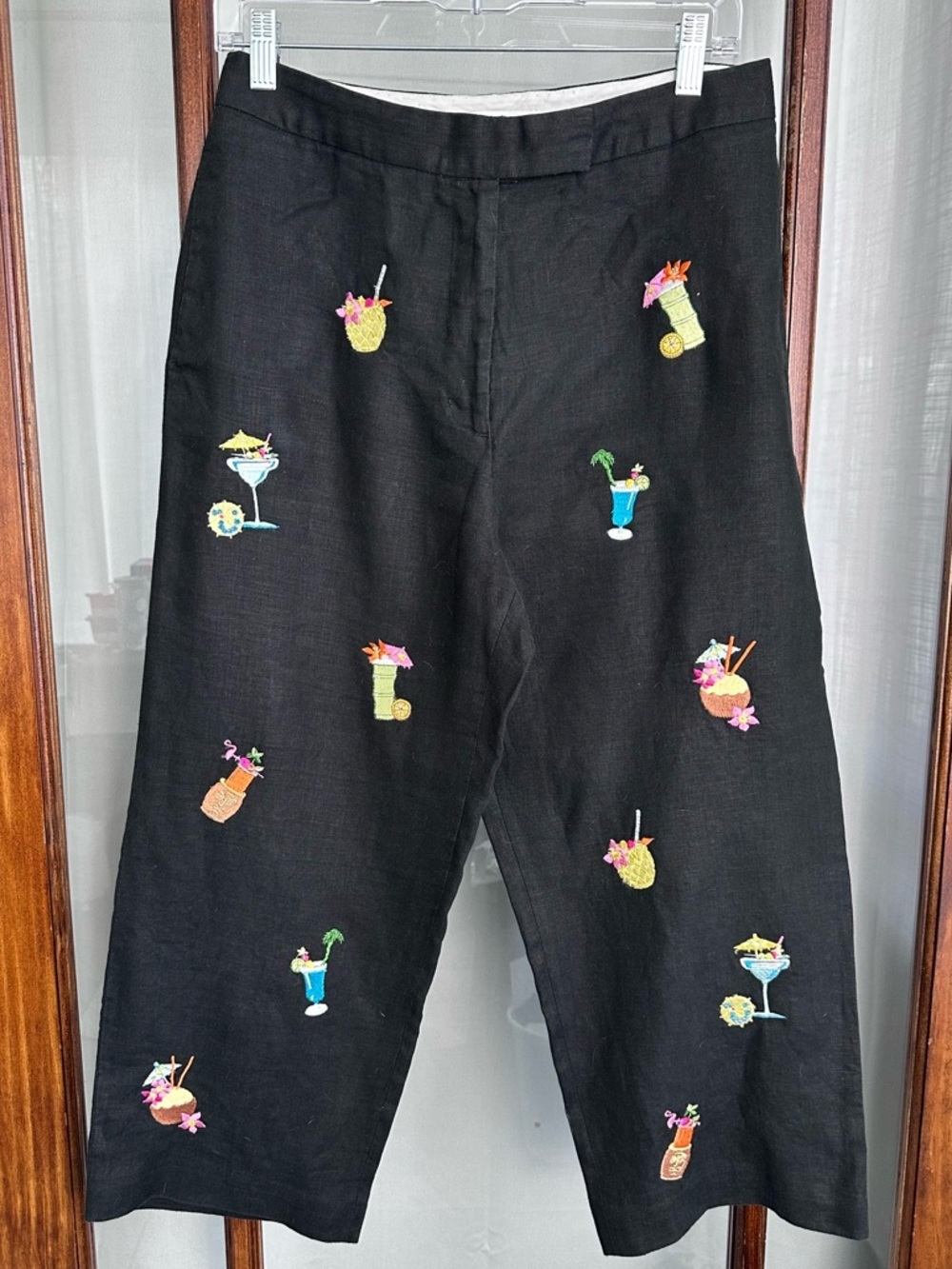 Alexandra Bartlett 10 Petite Linen Black Capri Pants Embroidered Cocktails 10P